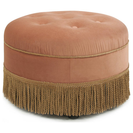 Yolanda 24" Upholstered Round Accent Ottoman, Peach Orange Velvet