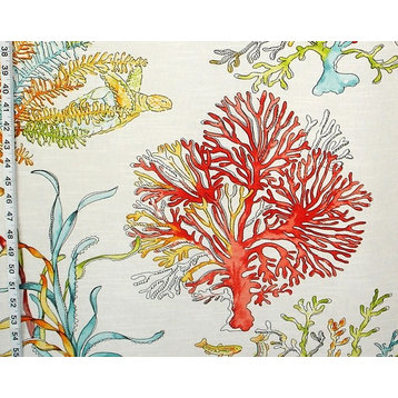 Red Coral Fabric Ocean Reef Turtle Curtain Material, Standard Cut
