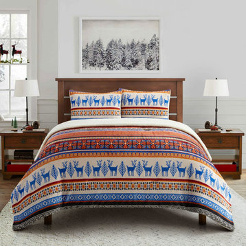 Noelle 3 Piece Sherpa Comforter Bed Set, Multi-Color, Elk Animal Print, Queen