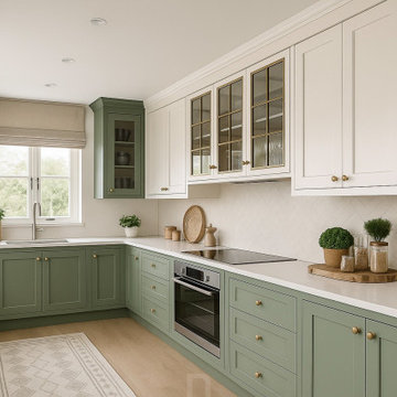 Singhal Villa_Kitchen with Green Cabinets and Island by Neomen