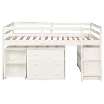 Gewnee Wood Twin  Loft Bed with Cabinet and Rolling Desk in White