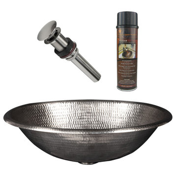 17" Oval Self Rimming Hammered Copper Bathroom Sink, Nickel, Drain & Accessories