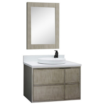 37" Single Wall Mount Vanity, Linen Brown Finish With White Quartz Top