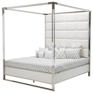 Aico State St California King Metal Canopy Bed, Glossy White 9016000CK4-116