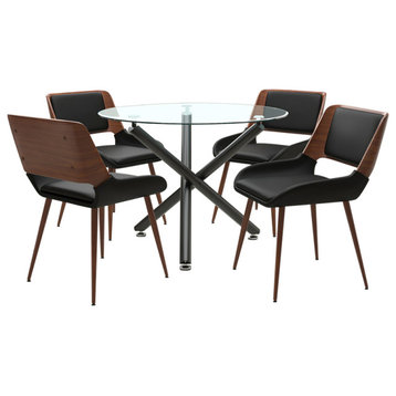 5-Piece Dining Set, Black Table With Black Faux Leather and Walnut Chair