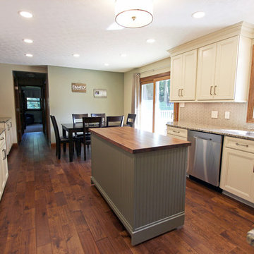 Cream Kitchen with Green Island with Butcher Block Countertop