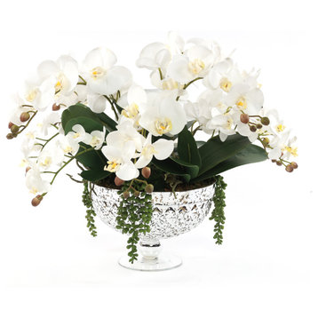 Faux White Orchid Arrangement in Antique Silver Glass Vase