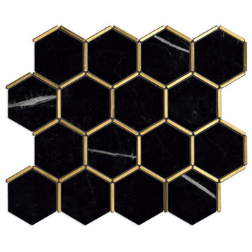 3" Honeycomb Hexagon Black And Gold Polished Marble Mosaic Tile, 10 Sheets