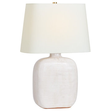 Pemba Medium Combed Table Lamp in Glossy White Crackle with Linen Shade