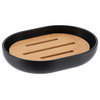 Black PADANG Soap Dish Cup Dispenser with Bamboo Tray