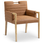 Meridian Furniture - Aimee Upholstered Dining Arm Chair, Cognac, Vegan Leather, Natural - A perfect fusion of modern elegance and eco-friendly luxury is the Aimee cognac vegan leather dining armchair. Upholstered in sleek vegan leather, this chair offers a chic, contemporary look while maintaining a commitment to sustainable living. The padded, quilted design featuring solid natural oak wood legs and armrests creates a stunning contrast between its soft upholstery and minimalist frame.