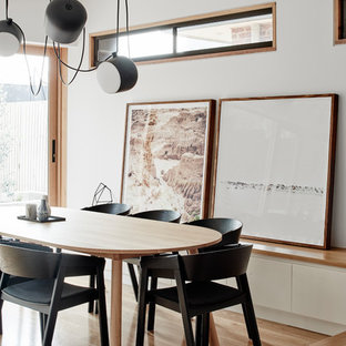 Inspiration for a modern open plan dining in Melbourne with white walls and light hardwood floors.