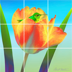 Hummingbird Flame Tulip - 12.75" x 12.75 - Ceramic Tile Murals - Tile Murals