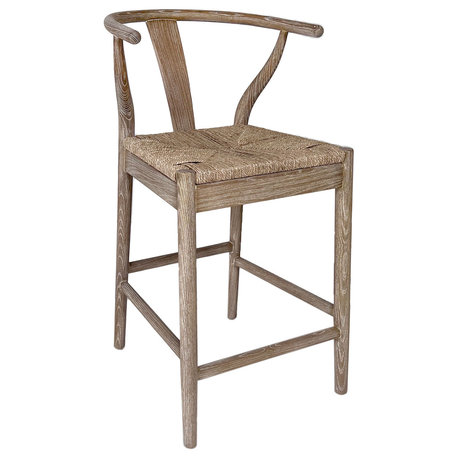 Moya Oak and Natural Woven Wicker Wishbone Back Dining Counter Stool, Natural Wood