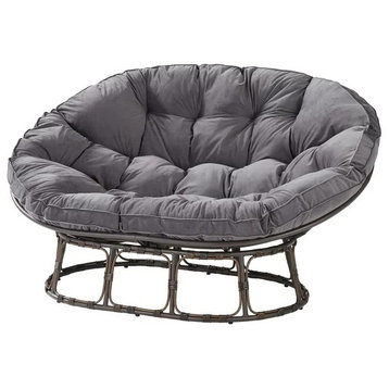 Comfortable Accent Chair, Papasan Design With Tufted Seat Cushion, Charcoal Gray