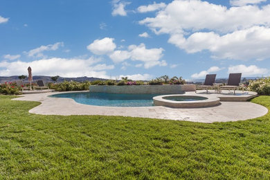 Inspiration for a large contemporary backyard custom-shaped pool in Orange County with a water feature and tile.