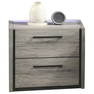 Contemporary Rustic Nightstand, Storage Drawers With Metal Pulls, Weathered Gray