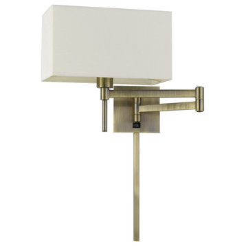 Nash 26 Inch Wall Lamp, Hardback Beige Fabric Shade, Brass Color Swing Arm
