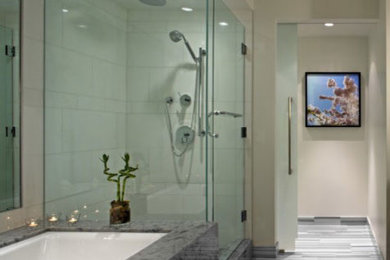 Design ideas for a large contemporary master bathroom in San Francisco with an undermount tub, an open shower, white walls, porcelain floors, multi-coloured floor and a hinged shower door.