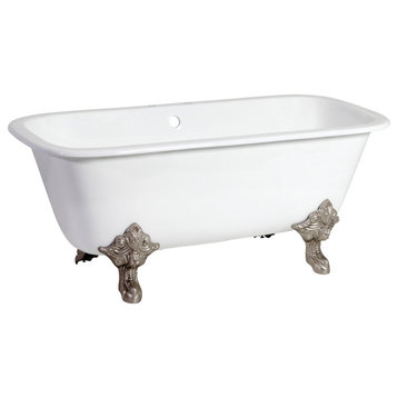 67" Double Ended Clawfoot Tub w/7" Faucet Drillings, White/Brushed Nickel