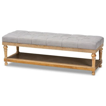 Modern Rustic Accent Bench, Carved Legs With Open Shelf & Tufted Gray Linen Seat