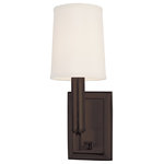 Hudson Valley Lighting - Clinton 1-Light Wall Sconce, Old Bronze - Rather than the traditional bobeche and candlestick motif, a series of stepped circular rings transition from Clinton's thin square arms to the smooth columnar holder. A tapered barrel shade completes the cleanly styled composition. Clinton mounts to a 2 x 4 gem box.