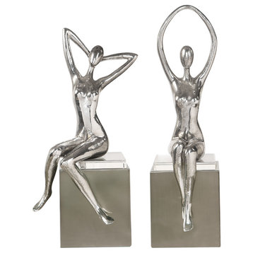 Elegant Silver Modern Woman Relaxation Sculptuer, Set of 2, Stretch Cube Square