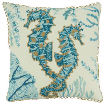 Sea Horse Design Throw Pillow With Down Filling, Aqua, 20"