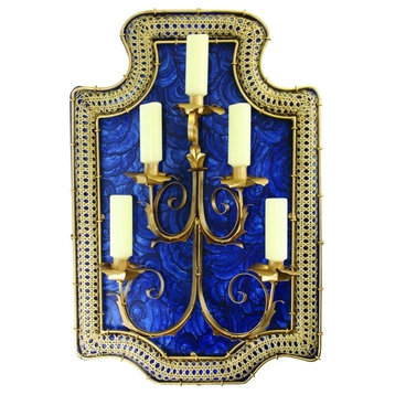 Art Deco Sapphire Blue Wall Sconce, Retro Dark Gold Candle Holder