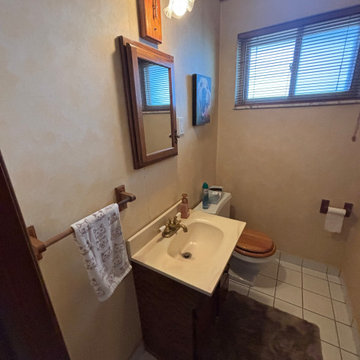 Powder Room with Linear Vintage Green Vanity with White Ceramic Countertop