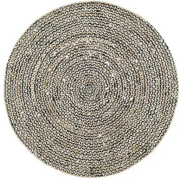Farmhouse Area Rug, Handwoven Jute With Black/White Striped Pattern, 9' Round