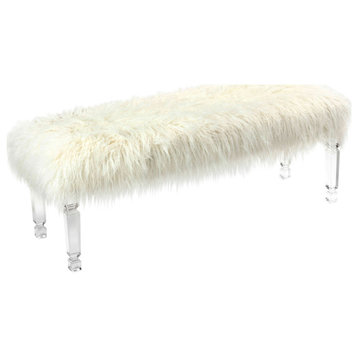 Cortesi Home Eleanor Bench Ottoman, White Faux Fur with Acrylic Legs