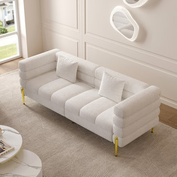 Modern White Boucle Upholstered Fluted 3 Seater Sofa for Living Room with Pillow