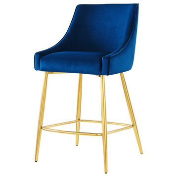 Counter Stool Chair, Blue Navy, Velvet, Modern, Mid Century Bistro Dining