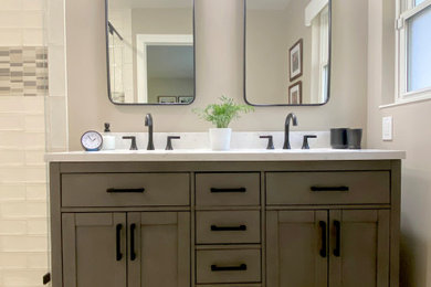 Example of a small transitional 3/4 ceramic tile ceramic tile, beige floor and double-sink bathroom design in San Francisco with gray cabinets, beige walls, quartz countertops, a hinged shower door, yellow countertops and a freestanding vanity