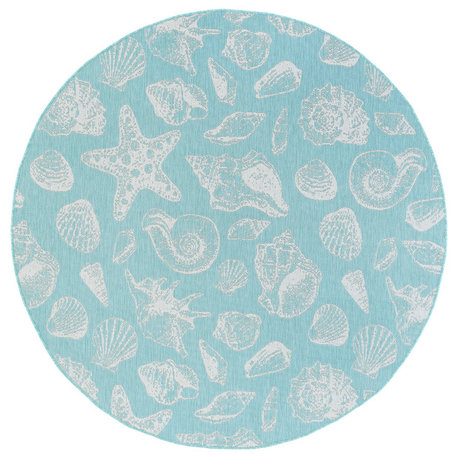 Sanibel Novelty Coastal Aqua/Cream Round Indoor/Outdoor Area Rug, 8'