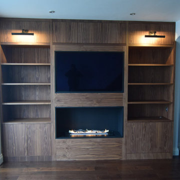 Media Unit with Crown-Cut Walnut, LED Strip Lighting and a Bio-Ethanal Fireplace
