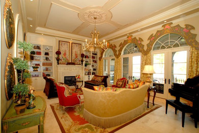 Example of a classic formal and enclosed ceramic tile living room design in Other with beige walls, a standard fireplace, a plaster fireplace and no tv