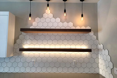 Kitchen remodel - Custom tile work, Custom Walnut floating shelves with lights