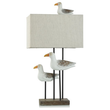 Piper Shore Table Lamp, Polyresin Brushed Body, Coastal Seagulls, Oatmeal Shade