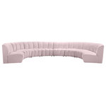 Meridian Furniture - Infinity Channel Tufted Velvet Modular Chair, Pink, 8 Piece - Create a seating group that works for every possible situation with this Infinity modular 8-piece sectional and other pieces in the Infinity collection. Upholstered in soft pink velvet material that feels great against the skin and offers long-wearing beauty, this piece fits with other Infinity items for an infinite number of combinations that get your seating requirements just right but that look just as nice when used on their own.