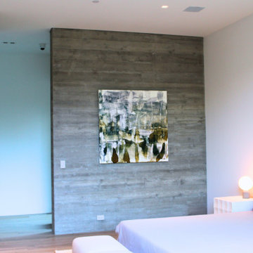 Guest Bedroom with Board-Formed Concrete Wall and Pivot Door