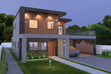 ロサンゼルスにあるラグジュアリーなコンテンポラリースタイルのおしゃれな家の外観 (混合材サイディング、緑化屋根) の写真