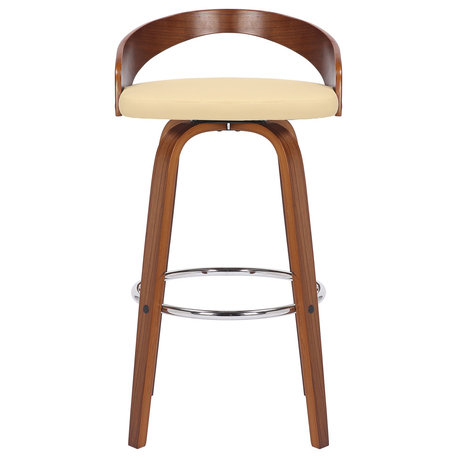 Sonia Swivel Faux Leather and Wood Stool, Cream and Walnut, Bar Height 30"