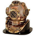 18" Antique Finish Brass and Copper Mark V Dive Helmet - The antique finish brass copper mark v dive helmet measures 18"H. Not only is it a incredible display item but is a pleasant reminder of when we began to explore the depths of our vast oceans many years ago. The base in the picture is sold separately. It will add a definite nautical touch to whatever room it is placed in and is a must have for those who appreciate high quality nautical decor. It makes a great gift, impressive decoration will be admired by all those who love the sea.