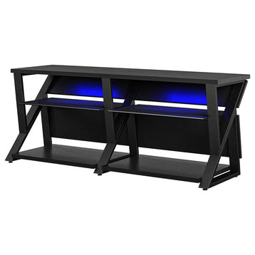 Modern TV Stand, Unique Design With Glass Open Shelves and RGB Lights, Black