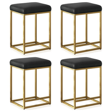 24" Upholstered PU Leather Bar Stools Set of 4, with Metal Base, Black & Gold