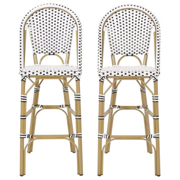 Grelton Outdoor Aluminum French Barstools (Set of 2), Black + White + Bamboo Finish