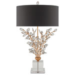 Currey & Company - Forget-Me-Not Table Lamp - Our Forget-Me-Not Table Lamp has stems of metal in a rich Chinois gold leaf finish that hold luxuriant beveled optic crystal buds. Other notable details on this crystal lamp include a crystal finial and stacked base, and a black shantung drum shade in perfect proportion to the spray of crystals.