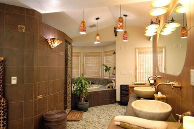 Bathroom - large modern master multicolored tile bathroom idea in Minneapolis with a vessel sink, medium tone wood cabinets and beige walls
